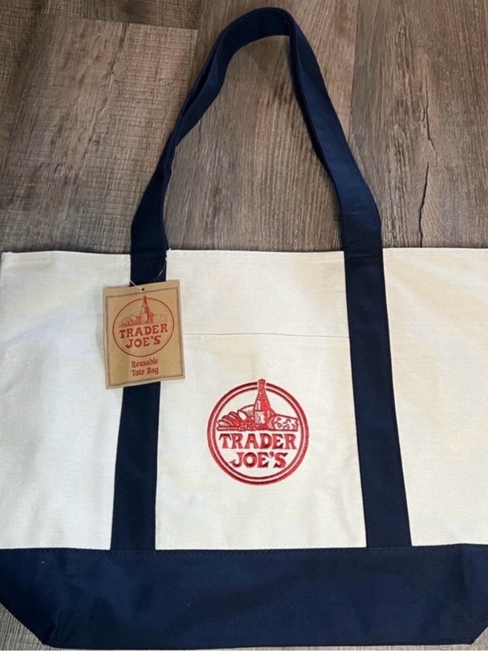 Trader Joes Cream and Navy Tote